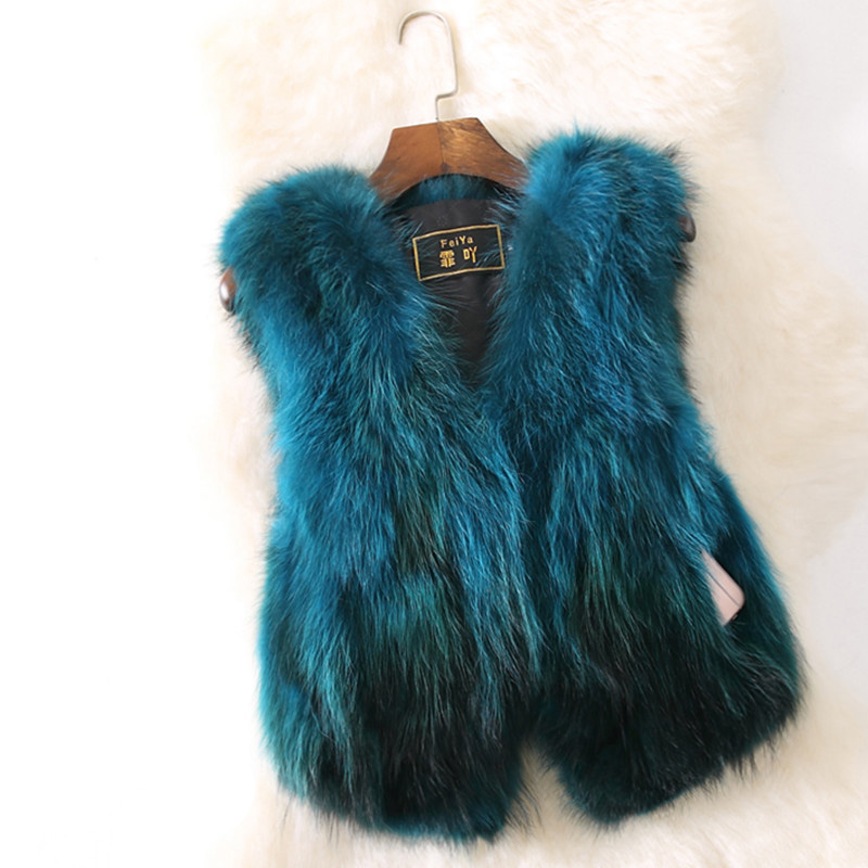 Cheap Winter Elegant Faux Raccoon Fur Vest Fashion Women Waistcoat - Blue 01