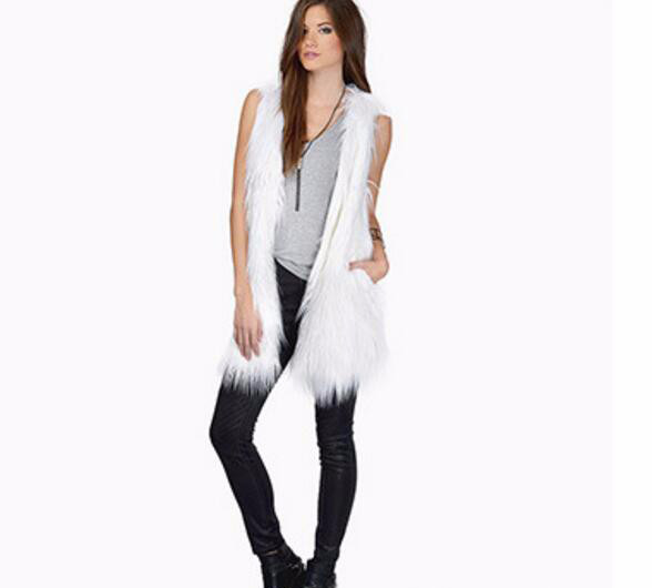 Cheap Winter Long Faux Fur Vest Fashion Women Waistcoat - White
