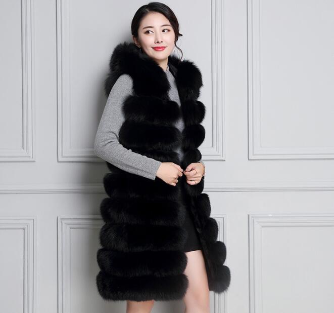 Classic Long Furry Faux Fox Fur Vest Fashion Women Waistcoat - Black
