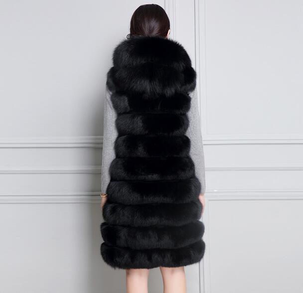 Classic Long Furry Faux Fox Fur Vest Fashion Women Waistcoat - Black