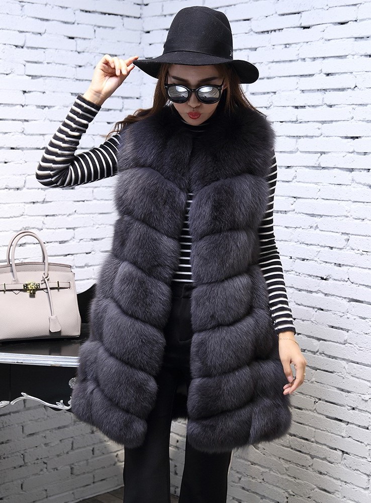 Classic Winter Furry Faux Fox Fur Vest Fashion Women Waistcoat - Black