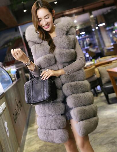 Good Long Big Furry Faux Fox Fur Vest Fashion Women Overcoat - Grey