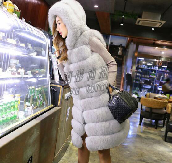 Good Long Big Furry Faux Fox Fur Vest Fashion Women Overcoat - White