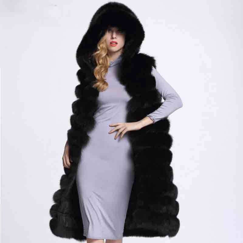 Good Long Furry Faux Fox Fur Vest Fashion Women Overcoat - Black