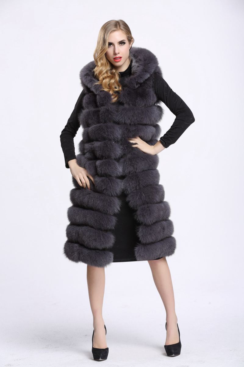 Good Long Furry Faux Fox Fur Vest Fashion Women Overcoat - Grey