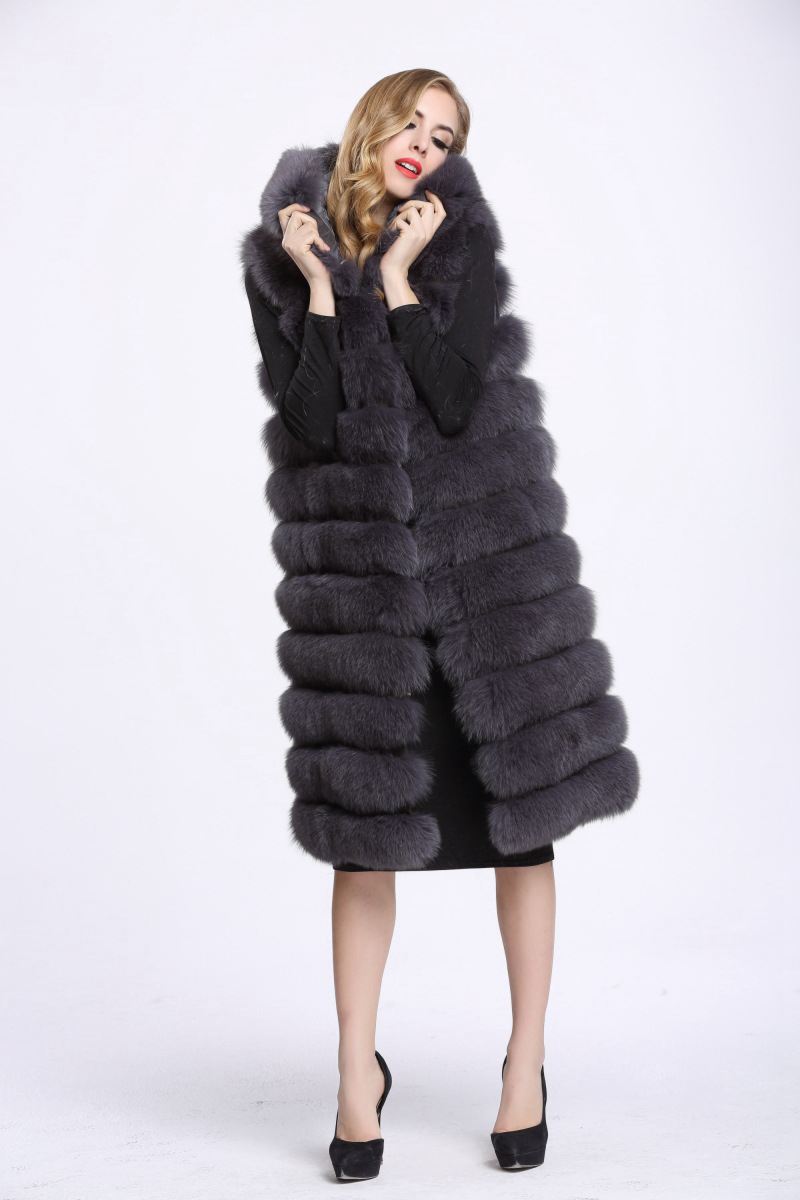 Good Long Furry Faux Fox Fur Vest Fashion Women Overcoat - Grey