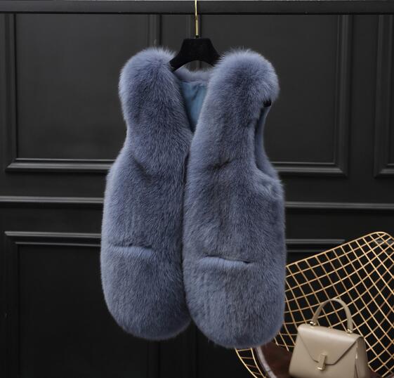 Good Warm Temperament Real Fox Fur Vest Women Overcoat - Blue