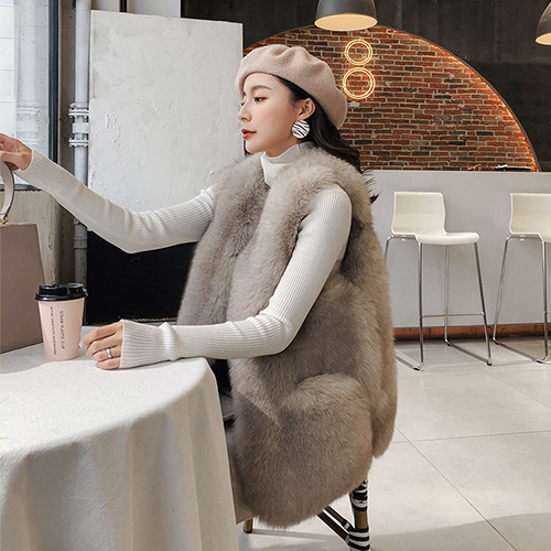 Good Warm Temperament Real Fox Fur Vest Women Overcoat - Gray