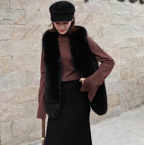 Good Warm Temperament Real Fox Fur Vest Women Overcoat - Coffee