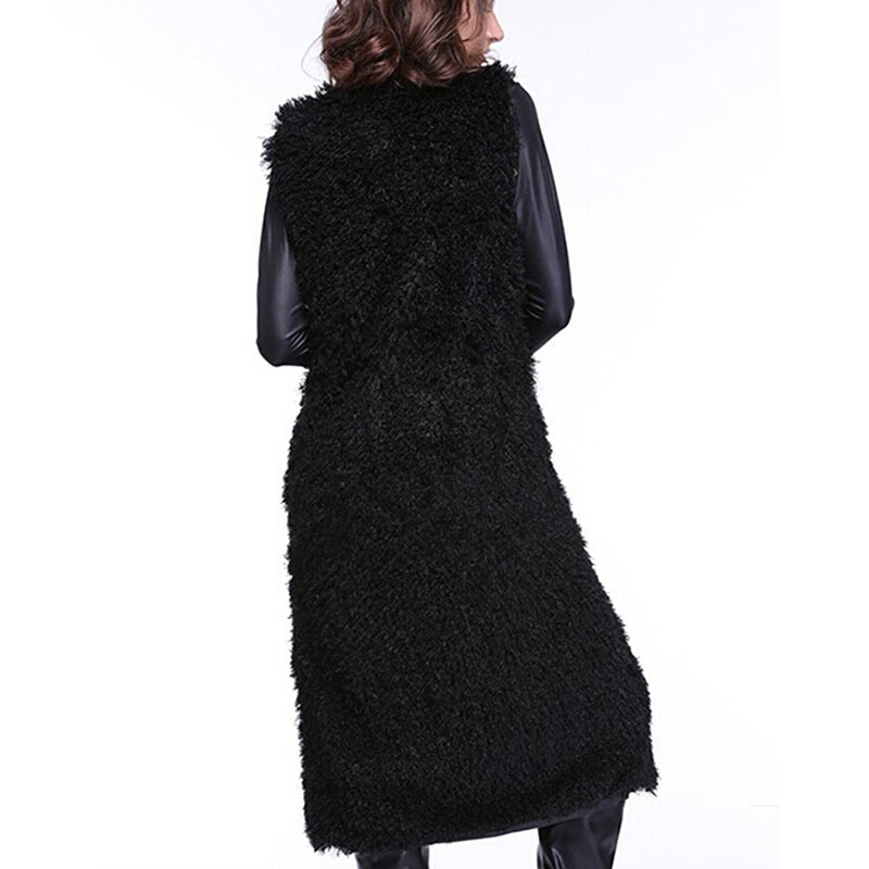 High Quality Winter Long Faux Lamb Fur Vests Fashion Women Overcoat - Black