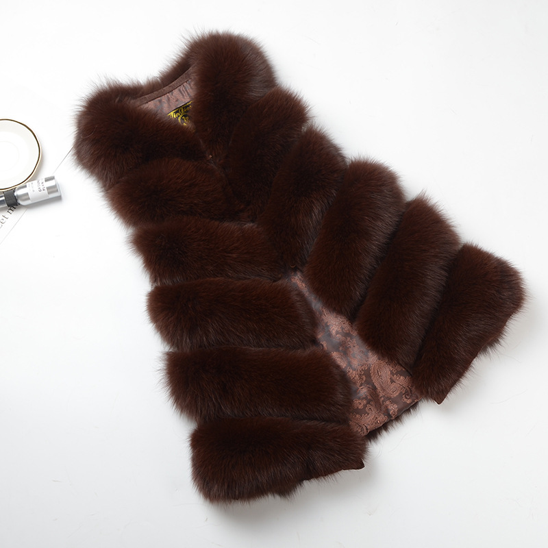 Imported Furry Real Fox Fur Vest Fashion Women Overcoat - Brown