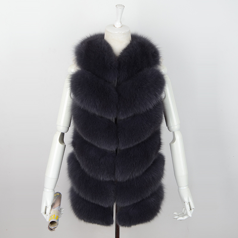 Imported Furry Real Fox Fur Vest Fashion Women Overcoat - Gray