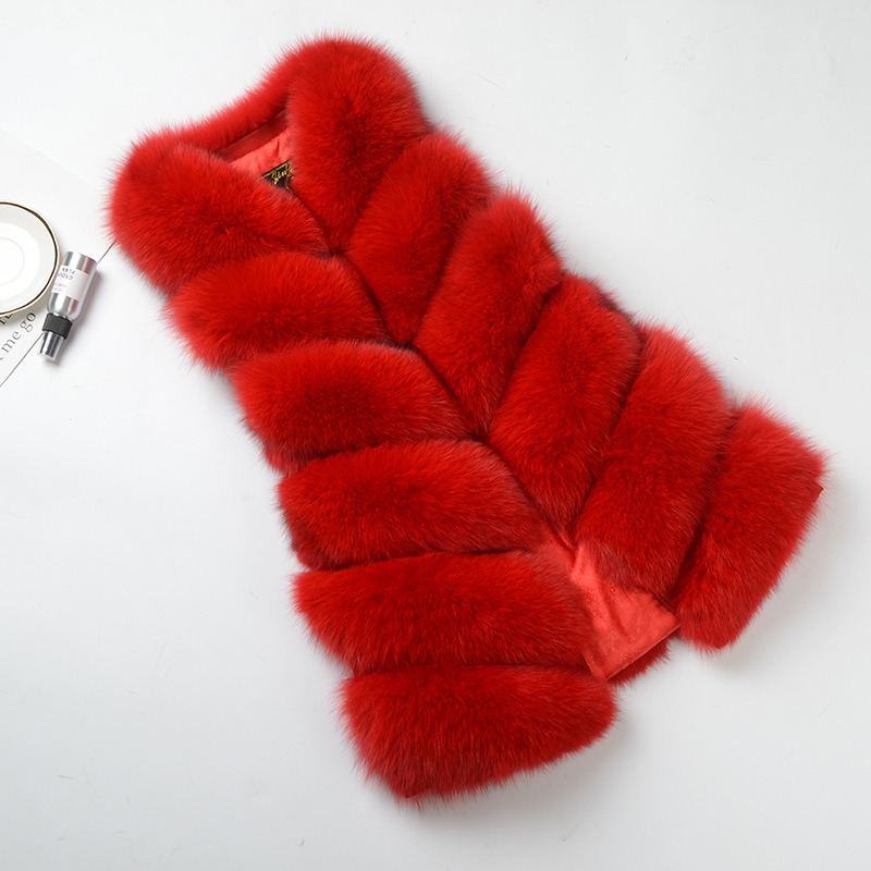 Imported Furry Real Fox Fur Vest Fashion Women Overcoat - Red