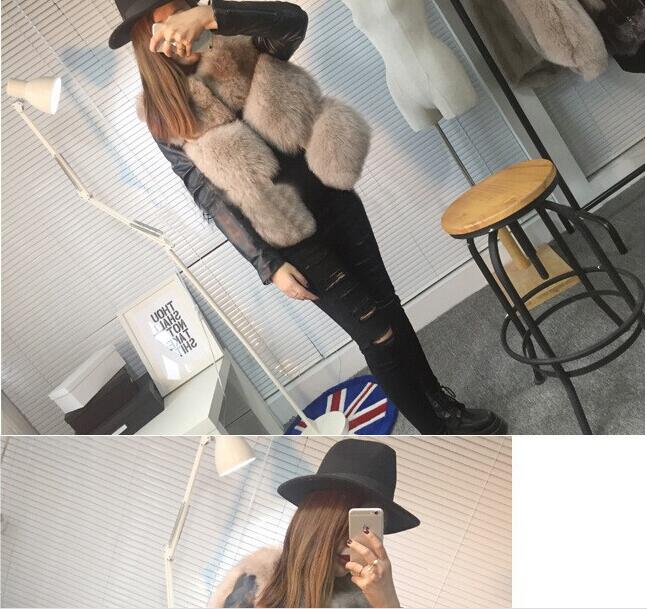 Leather Sleeve Cute Elegant Faux Fox Fur Vest Fashion Women Overcoat - White