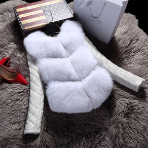 Leather Sleeve Cute Elegant Faux Fox Fur Vest Fashion Women Overcoat - White
