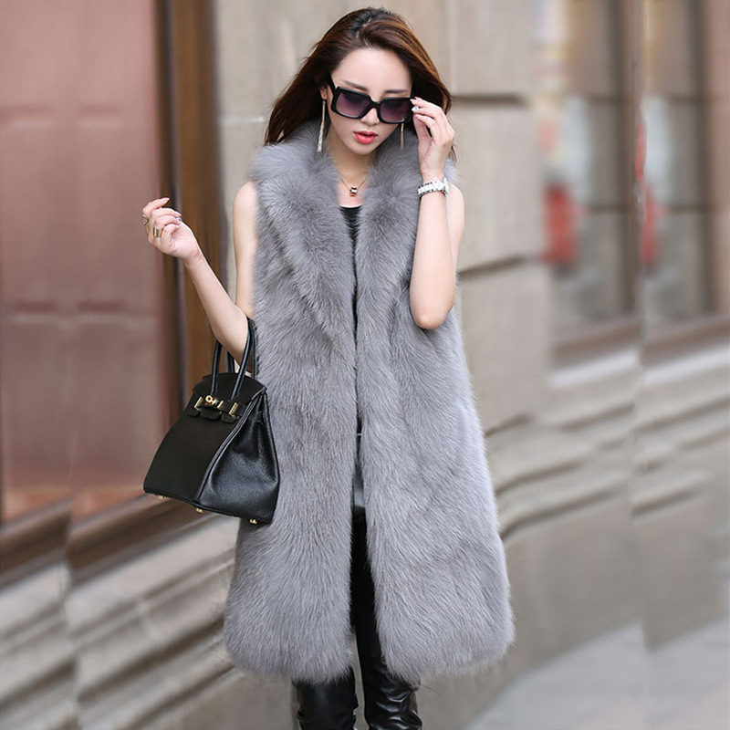 Long  Classic Elegant Faux Fox Fur Vest Fashion Women Overcoat - Gray