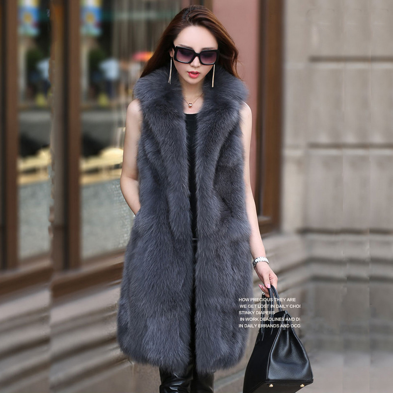 Long  Classic Elegant Faux Fox Fur Vest Fashion Women Overcoat - Grey