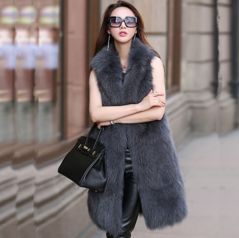 Long  Classic Elegant Faux Fox Fur Vest Fashion Women Overcoat - Grey