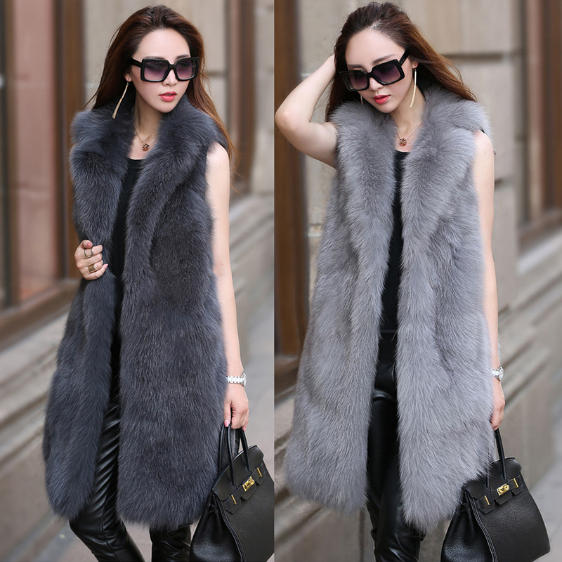 Long  Classic Elegant Faux Fox Fur Vest Fashion Women Overcoat - Grey
