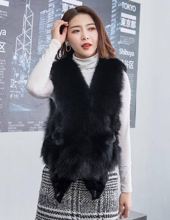 Luxury Winter Super Real Fox Fur Vests Fashion Women Overcoat - Black