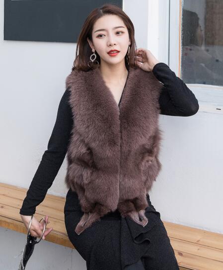 Luxury Winter Super Real Fox Fur Vests Fashion Women Overcoat - Coffee