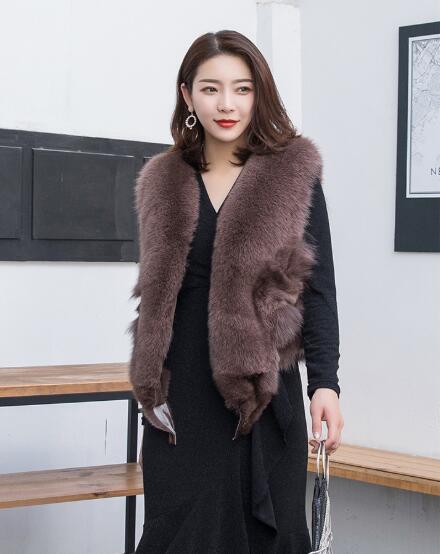 Luxury Winter Super Real Fox Fur Vests Fashion Women Overcoat - Coffee