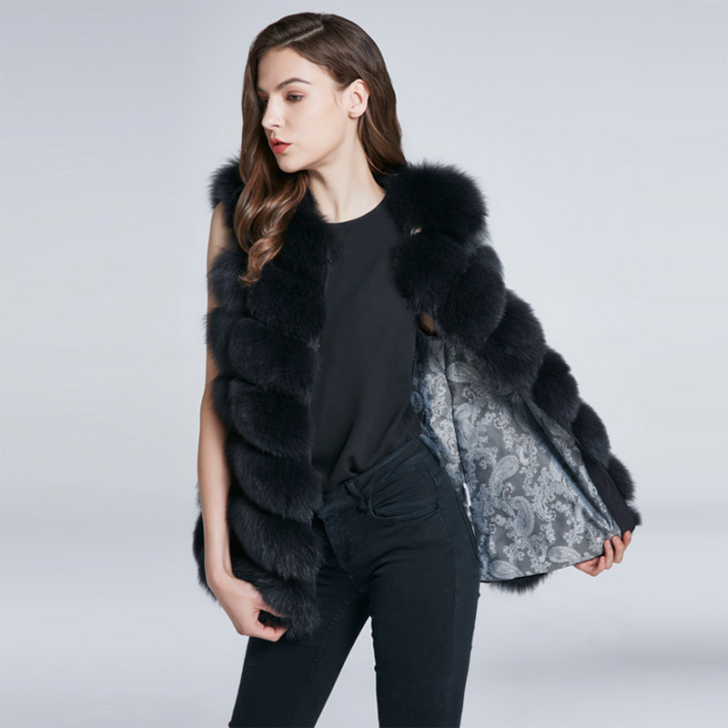 Luxury Winter Super Real Fox Fur Vest Women Overcoat - Black