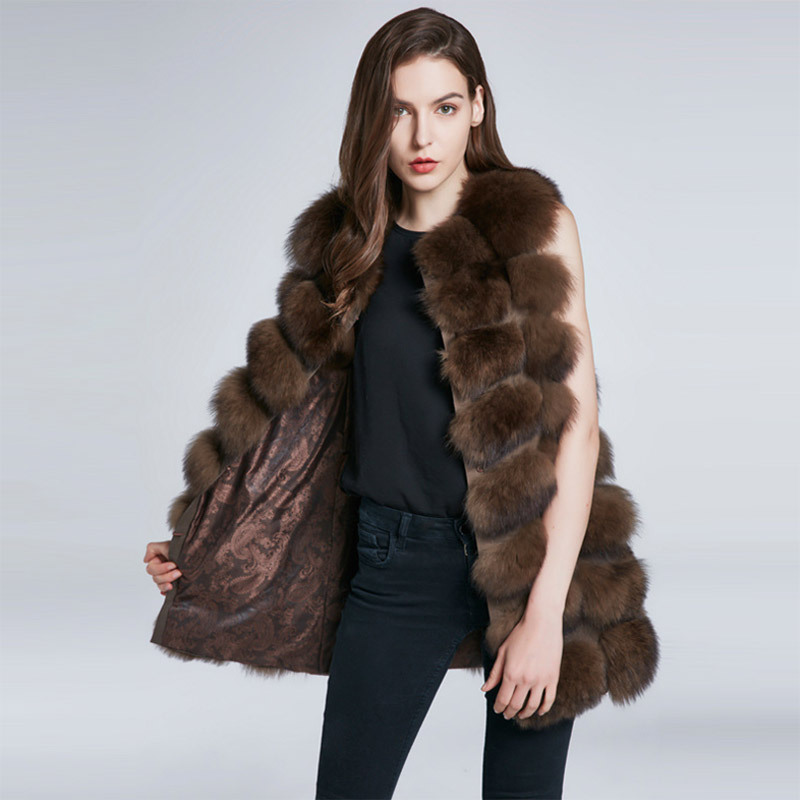 Luxury Winter Super Real Fox Fur Vest Women Overcoat - Coffee