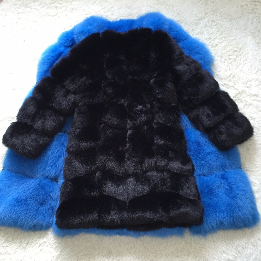 Nine Points Sleeve Warm Faux Fox Fur Overcoat Fashion Women Coat - Black
