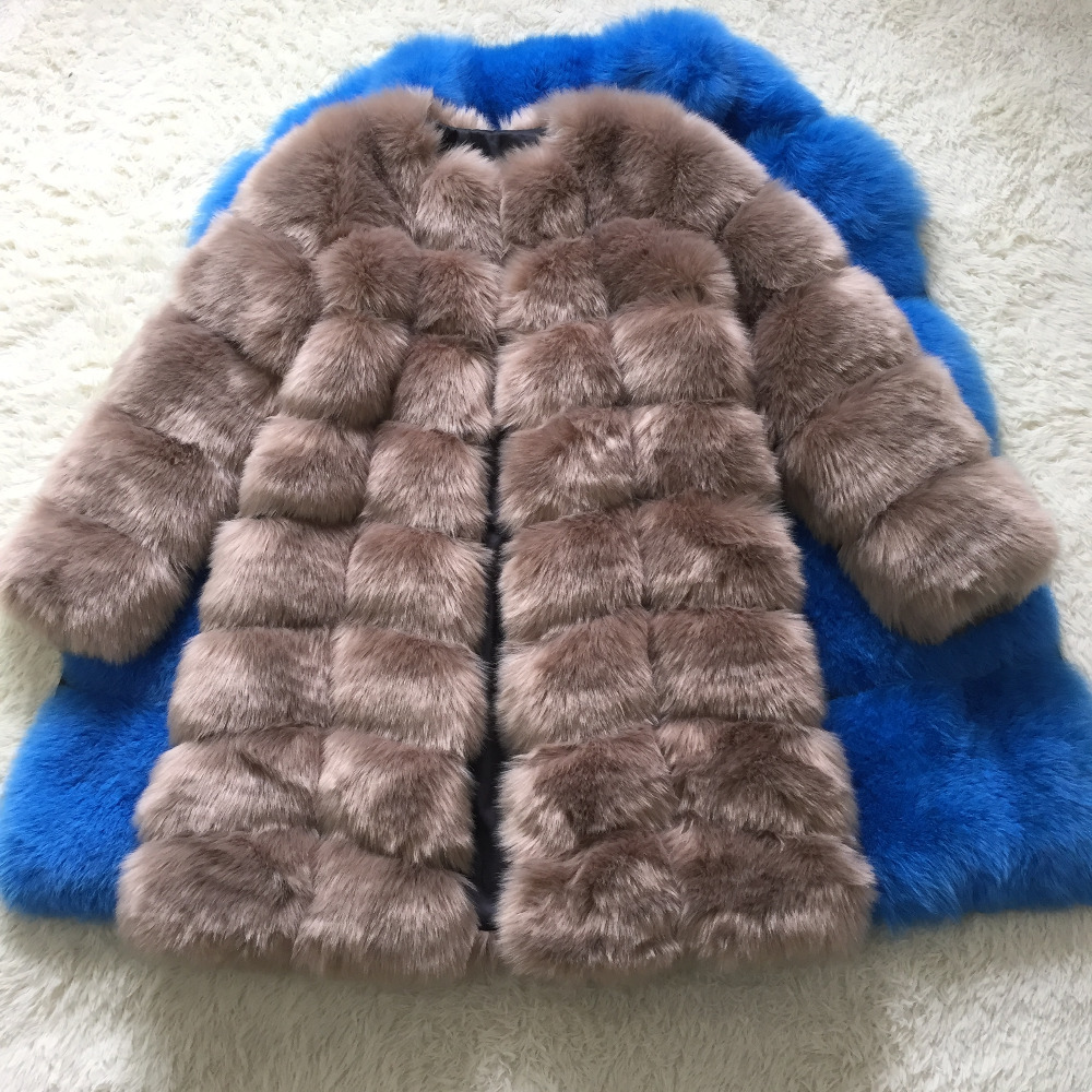 Nine Points Sleeve Warm Faux Fox Fur Overcoat Fashion Women Coat - Camel