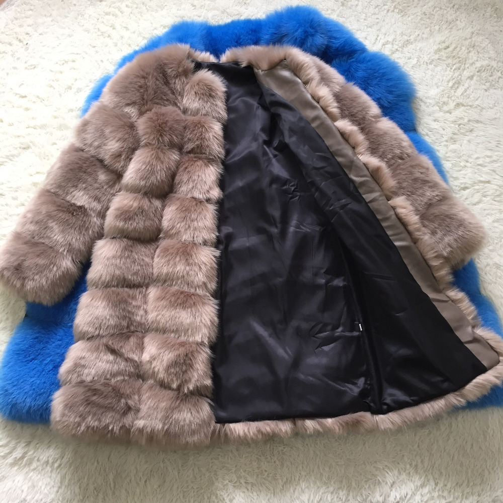 Nine Points Sleeve Warm Faux Fox Fur Overcoat Fashion Women Coat - Camel