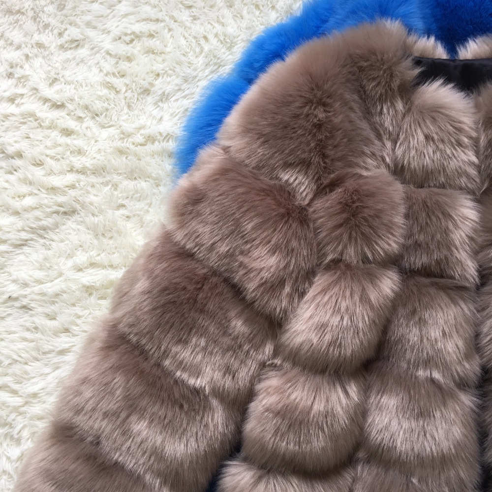 Nine Points Sleeve Warm Faux Fox Fur Overcoat Fashion Women Coat - Black
