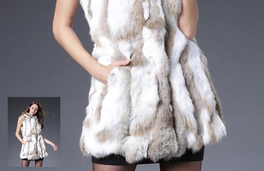 Overcoat Genuine Real Rabbit Fur Vest Fashion Women Medium-long With Belt Fur Waistcoat - Yellow