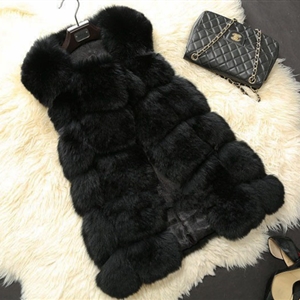 Popular Cute Elegant Faux Fox Fur Vest Fashion Women Overcoat - Black
