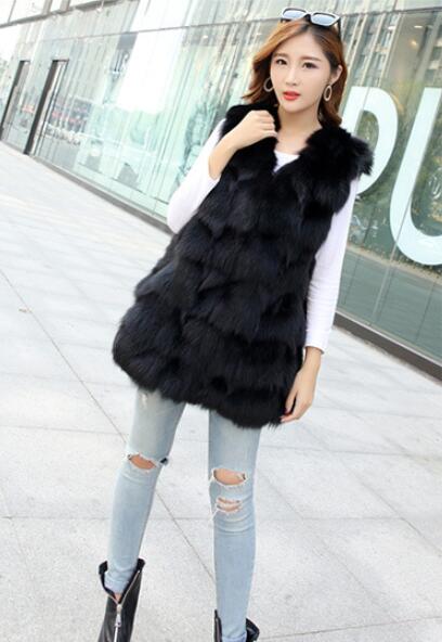 Popular Winter Furry Real Fox Fur Vest Fashion Women Waistcoat - Black