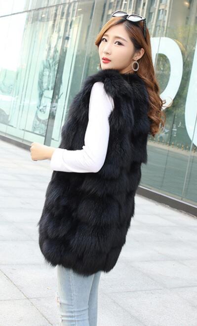 Popular Winter Furry Real Fox Fur Vest Fashion Women Waistcoat - Black