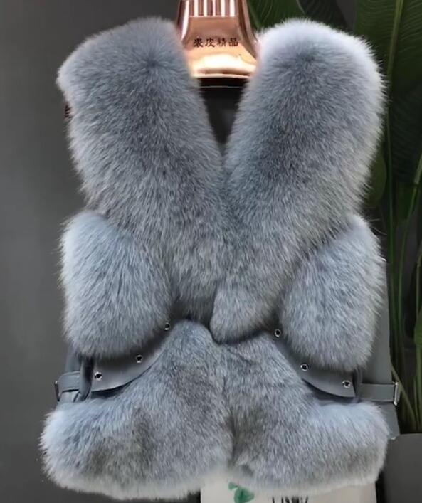 Popular Winter Short Furry Real Fox Fur Vest Fashion Women Waistcoat - Blue
