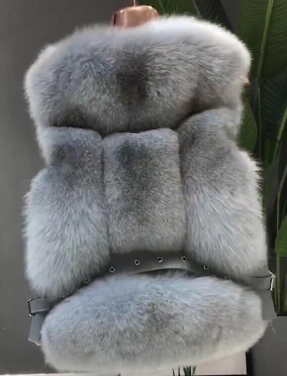 Popular Winter Short Furry Real Fox Fur Vest Fashion Women Waistcoat - Blue