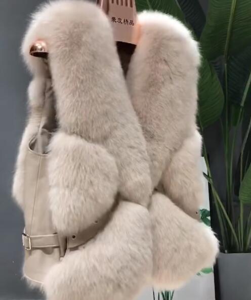 Popular Winter Short Furry Real Fox Fur Vest Fashion Women Waistcoat - Khaki
