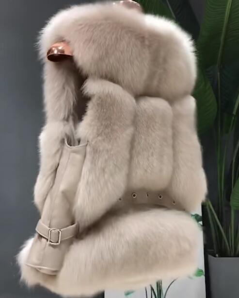 Popular Winter Short Furry Real Fox Fur Vest Fashion Women Waistcoat - Khaki