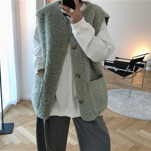 Reversible Winter Elegant Faux Lamb Fur Vest Fashion Women Overcoat - Green