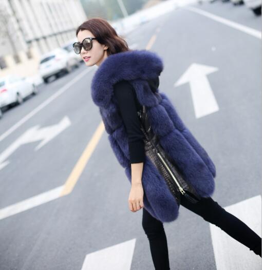 Splicing Long Furry Faux Fox Fur Vest Fashion Women Overcoat - Blue