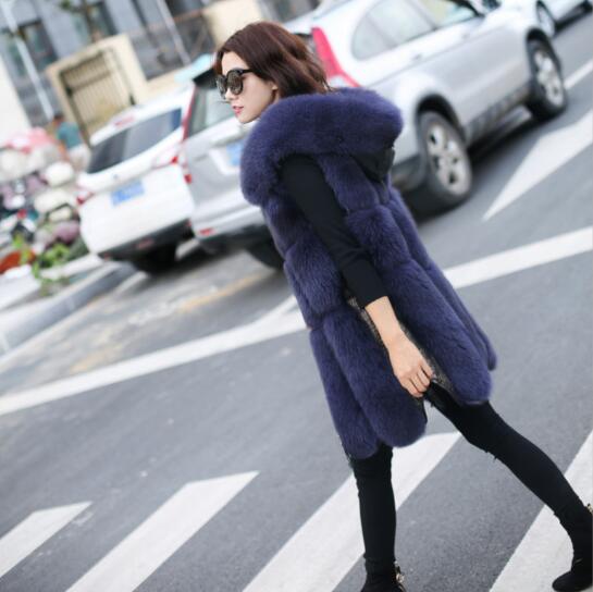 Splicing Long Furry Faux Fox Fur Vest Fashion Women Overcoat - Blue