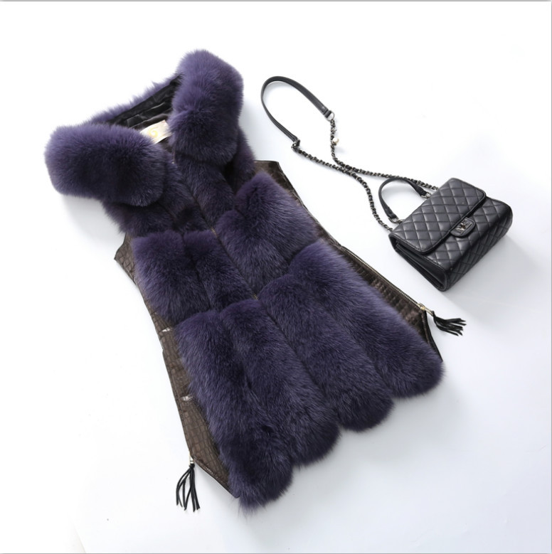 Splicing Long Furry Faux Fox Fur Vest Fashion Women Overcoat - Blue