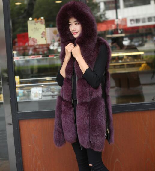 Splicing Long Furry Faux Fox Fur Vest Fashion Women Overcoat - Red