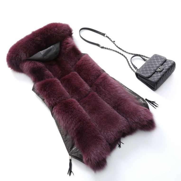 Splicing Long Furry Faux Fox Fur Vest Fashion Women Overcoat - Red