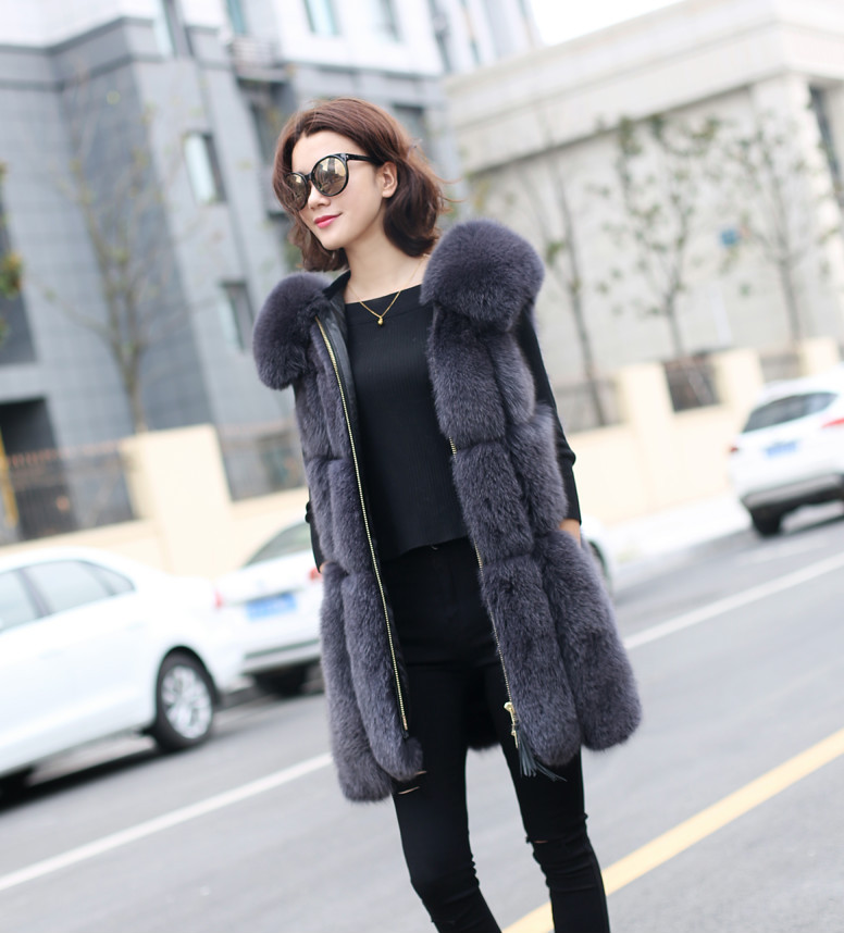 Splicing Long Furry Faux Fox Fur Vest Fashion Women Overcoat - Silvery