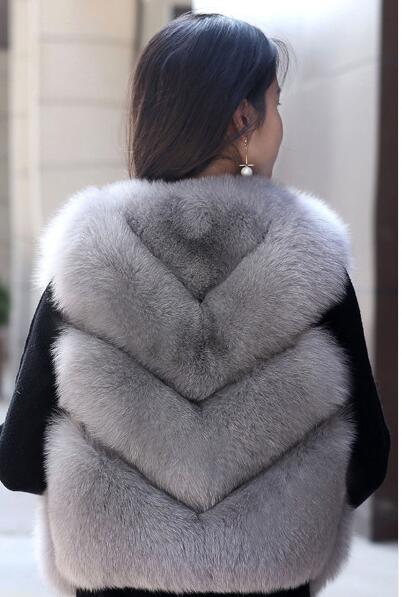 Thick Furry Faux Fox Fur Vest Fashion Women Overcoat - Grey