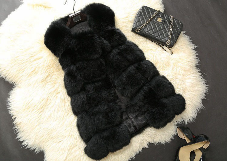 Warm Elegant Faux Fox Fur Vest Fashion Women Overcoat - Black