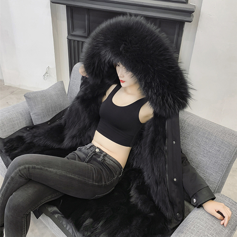 Warm Real Raccoon Fur Overcoat Fashion Women Coat - Black 01
